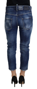 Jeans en denim bleu, coupe cropped, taille mi-haute, de la marque Dsquared², décontractés et tendance pour un look cool.
