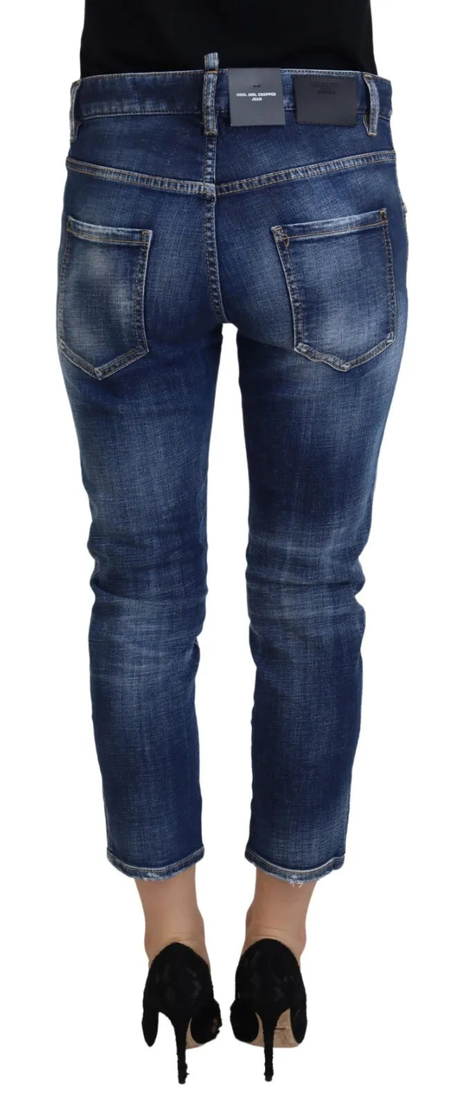Jeans en denim bleu, coupe cropped, taille mi-haute, de la marque Dsquared², décontractés et tendance pour un look cool.
