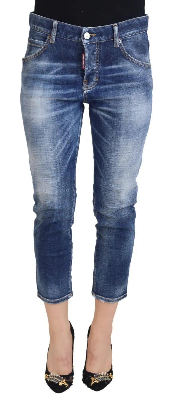 Jeans coupe crop en coton bleu de Dsquared², taille mi-haute, style décontracté et tendance pour un look cool girl.