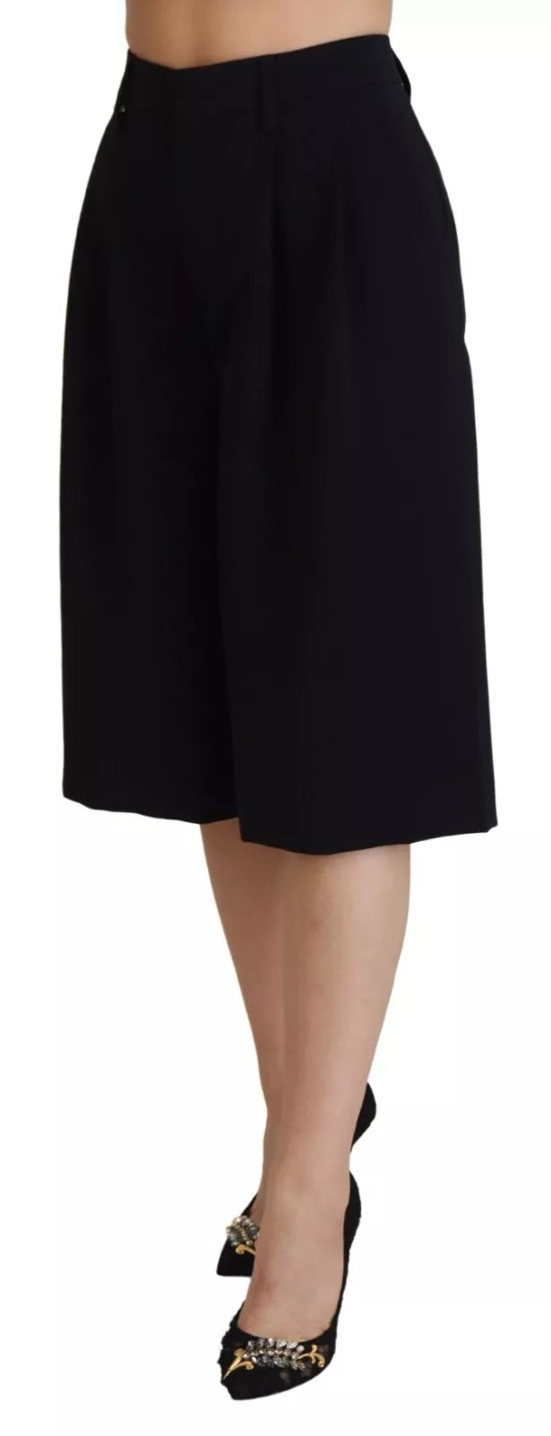 Pantalon noir taille haute à jambes larges et cropped de Dsquared², vue de devant. Style élégant et tendance.
