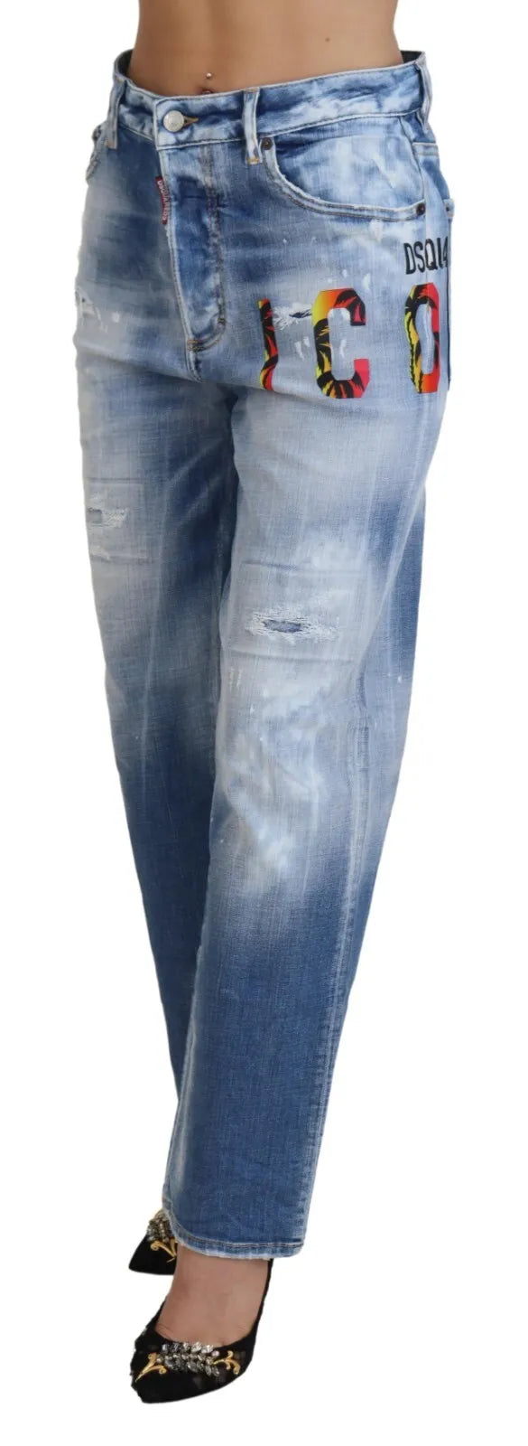 Jean en denim bleu icon à taille haute et coupe droite de Dsquared², modèle Boston, visible avec détails de couture et poches.