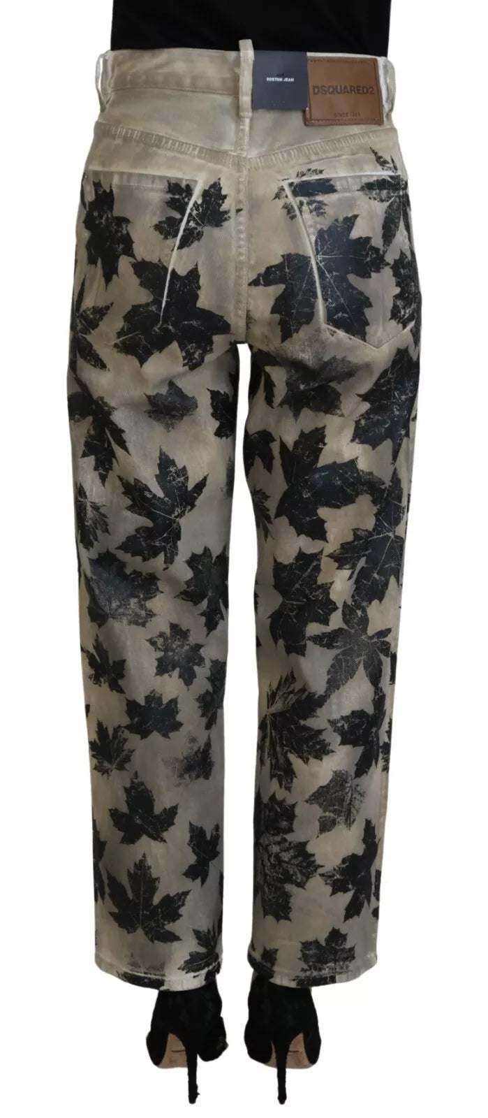 Jeans en coton beige à motifs de feuilles, taille haute Dsquared², style décontracté avec détails tendance.