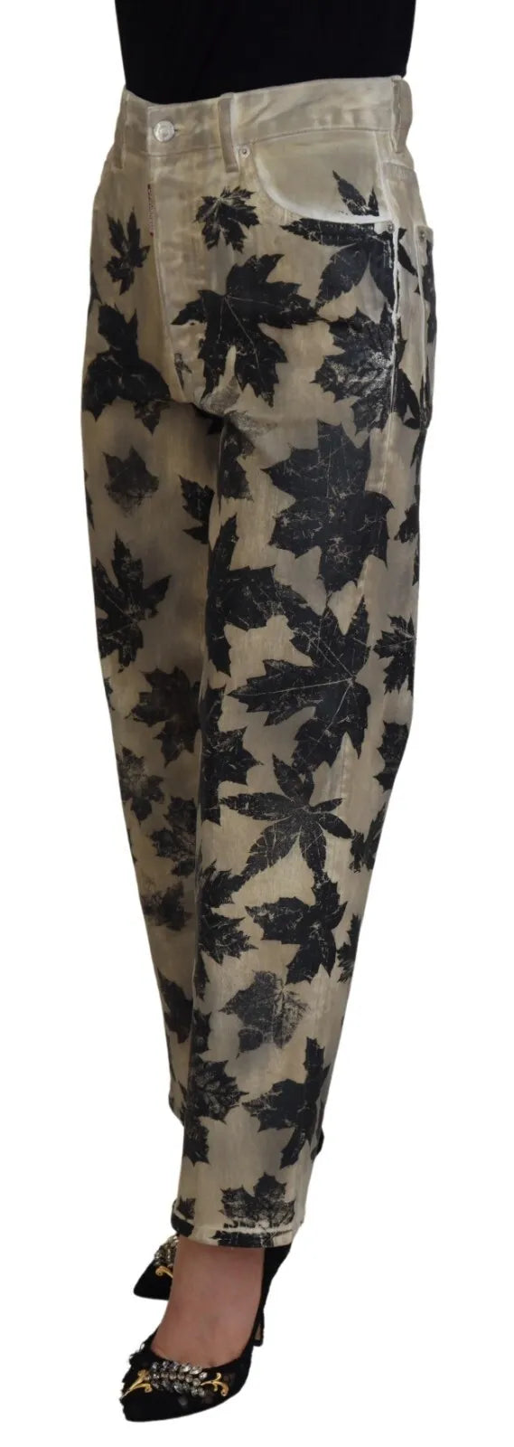 Jeans en coton beige à motifs de feuilles, taille haute, de la marque Dsquared², style denim Boston.