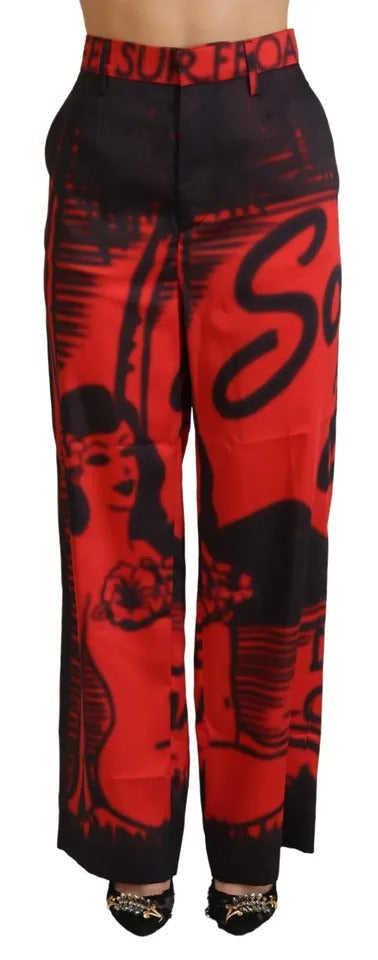 Pantalons droits à taille haute rouges à motifs imprimés de la marque Dsquared², vue de face.