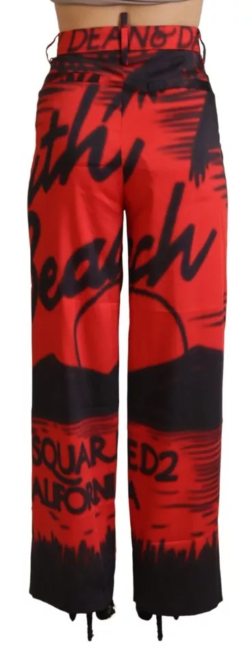 Pantalons droits à taille haute rouges à imprimé de la marque Dsquared², visibles avec couture et tissu en détail.