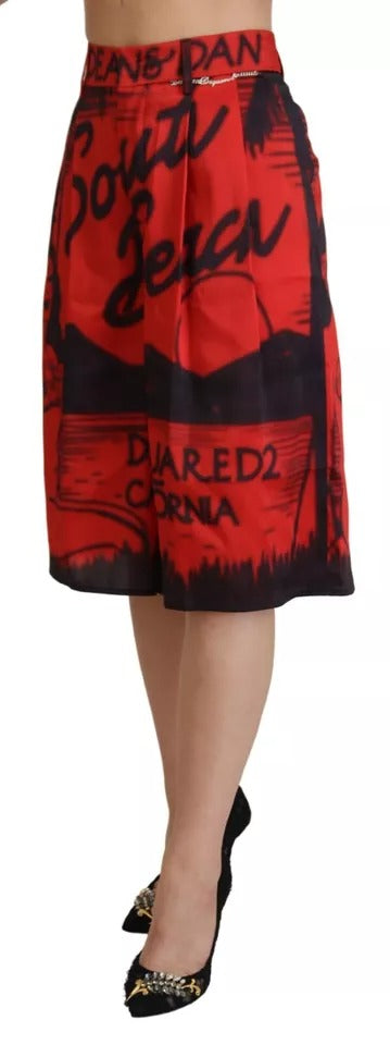 Pantalons cropés à taille haute rouge à imprimé, style large jambes, de la marque Dsquared², visibles en détail dans l'image.