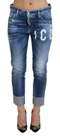 Jeans en denim bleu Dsquared² Icon à taille basse, coupe courte et tendance pour un style cool et décontracté.