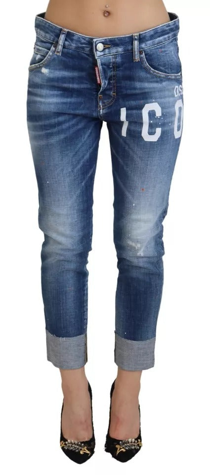 Jeans en denim bleu Dsquared² Icon à taille basse, coupe courte et tendance pour un style cool et décontracté.