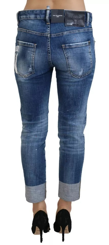 Jeans en denim bleu Dsquared² Icon à taille basse, coupe courte et tendance pour un style cool girl.