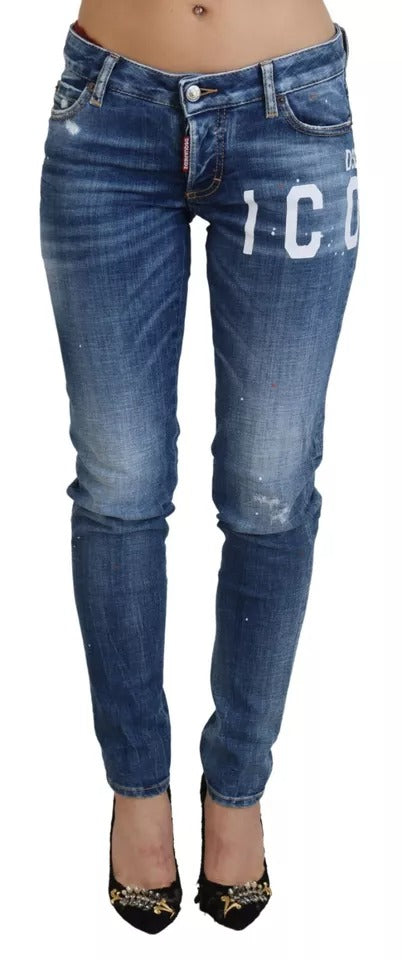 Jeans skinny taille basse Dsquared² Blue Icon Jennifer en denim bleu avec détails modernes, vue de face.