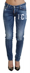 Jeans skinny taille basse Dsquared² Blue Icon Jennifer en denim bleu avec détails modernes, vue de face.