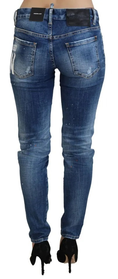Jeans skinny à taille basse Dsquared² Blue Icon, coupe ajustée, denim bleu, modèle Jennifer, visible en détail sur la photo.