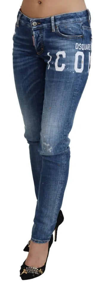 Jeans skinny en denim bleu à taille basse Dsquared² Icon Low Waist Skinny Jennifer, visibles avec détails et coupe ajustée.
