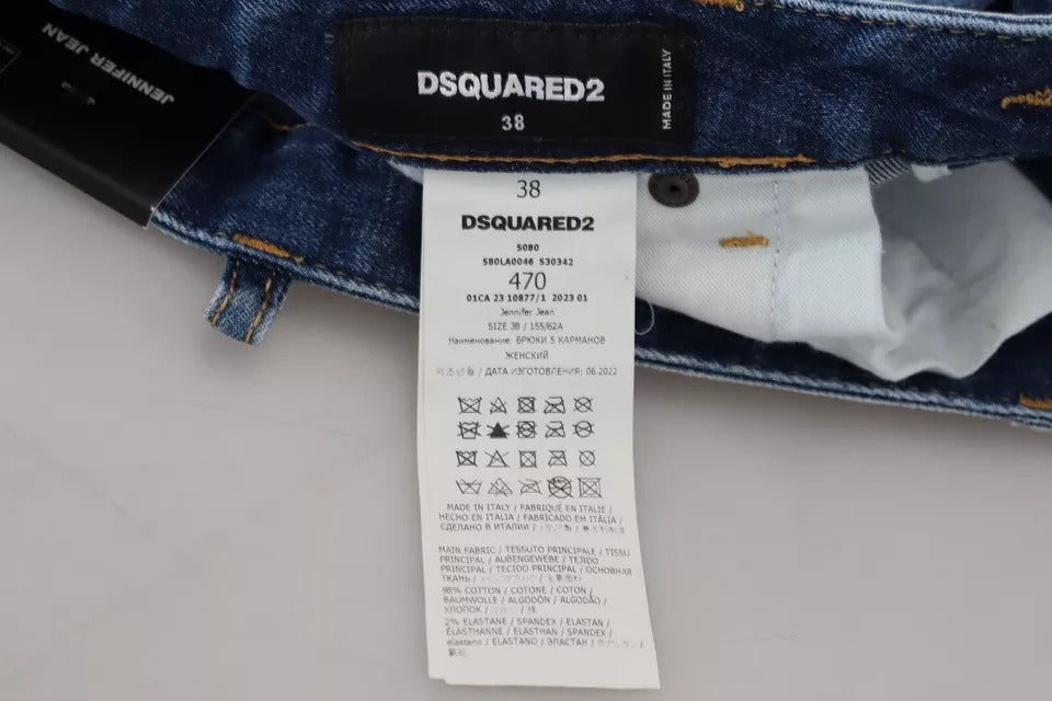 Jeans skinny en denim bleu à taille basse Dsquared² Icon Low Waist Jennifer, style moderne et ajusté, visible en détail.