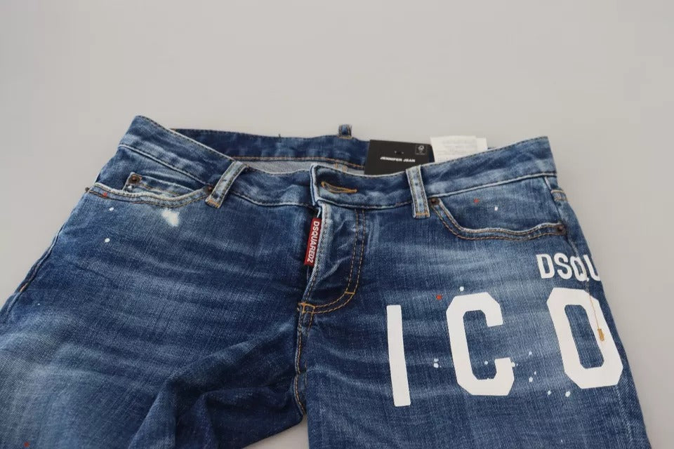 Jeans skinny bleus à taille basse Dsquared² Blue Icon, coupe moulante et denim Jennifer, visibles en gros plan.