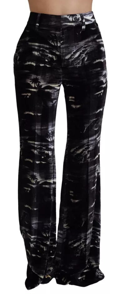 Pantalons super flare à taille haute noirs imprimés de la marque Dsquared², visibles avec motif tendance et coupe ajustée.
