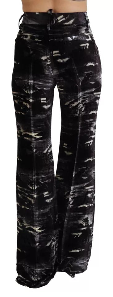 Pantalons flare noirs à motif imprimé haute taille de Dsquared², vue en gros plan.
