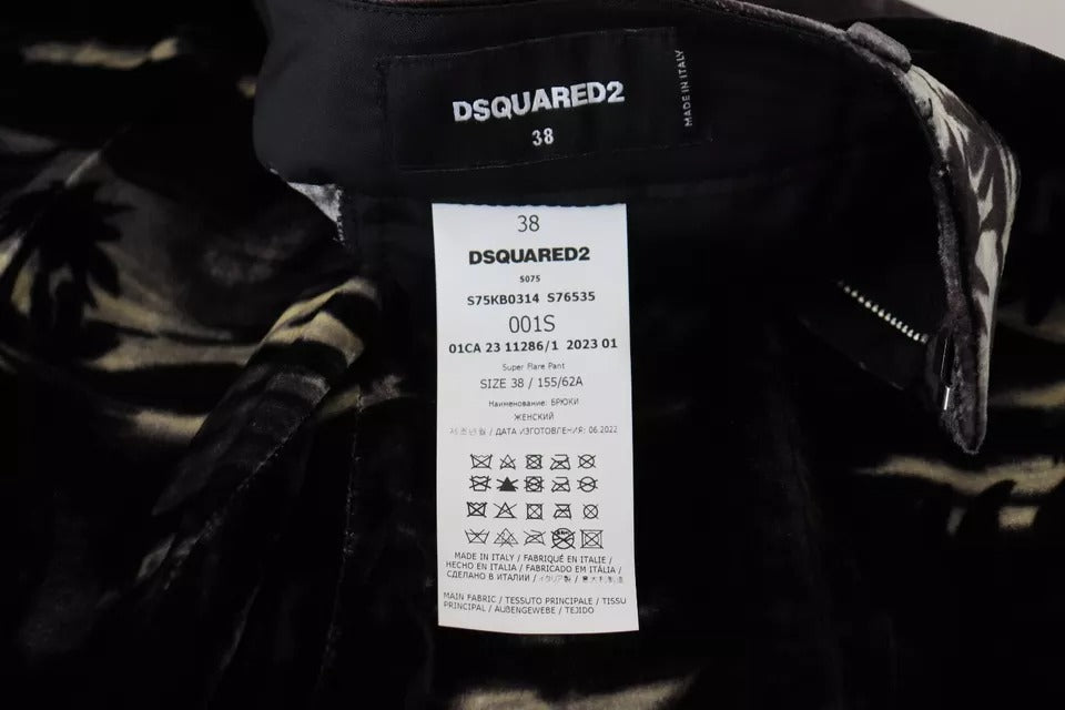 Pantalon à taille haute à imprimé noir de la marque Dsquared², coupe flare super tendance, en tissu léger.