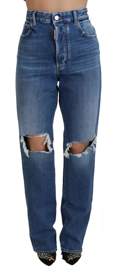 Jeans en denim bleu déchirés à taille haute et coupe droite de Dsquared², visible avec détails usés et style décontracté.