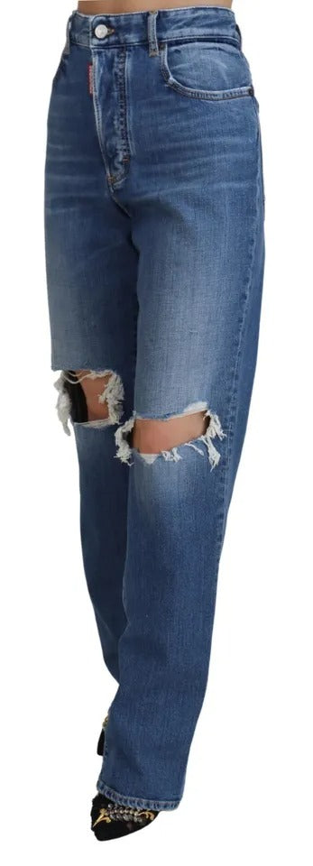 Jeans en denim bleu déchiré à taille haute et coupe droite de Dsquared², visibles avec détails usés et style décontracté.