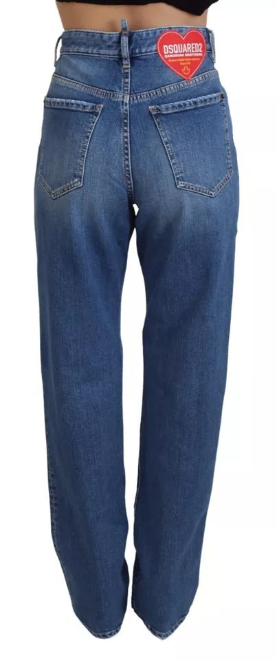 Jeans en denim bleu déchiré à taille haute et coupe droite de Dsquared², visibles avec détails usés et style décontracté.