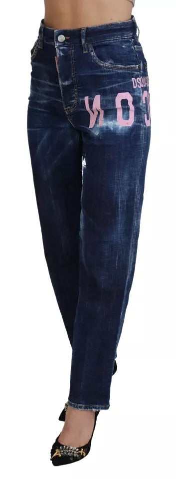 Jeans en denim bleu à taille haute et coupe droite de Dsquared², modèle Icon High Waist Boston.