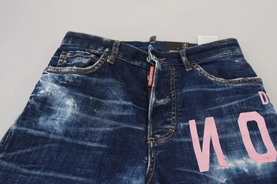 Jeans en denim droit taille haute bleue Dsquared² Blue Icon, style classique et tendance, visible devant avec détails de couture.