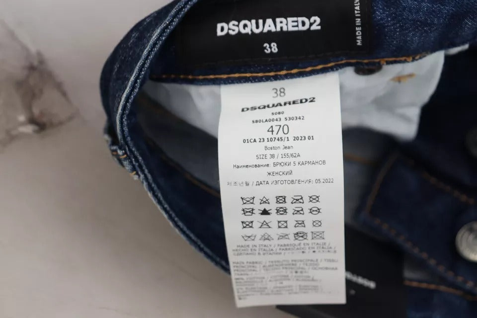 Jeans bleu Dsquared² Icon à taille haute et coupe droite, en denim, style Boston, visible avec détails de couture et poches.