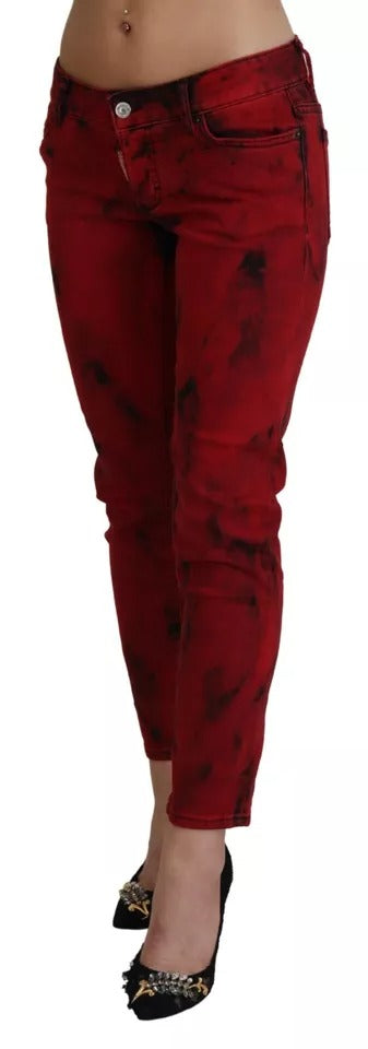 Pantalons skinny en coton stretch rouge à taille basse de Dsquared², coupe ajustée et moderne, visible en image.