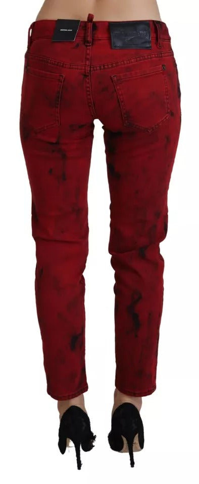 Pantalon skinny en coton stretch rouge à taille basse de Dsquared², vue de face avec détails ajustés et couture.