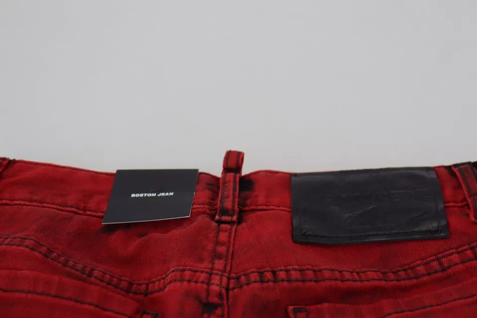 Pantalons skinny en coton stretch rouge à taille basse de Dsquared², ajustés et tendance, visibles sur fond neutre.