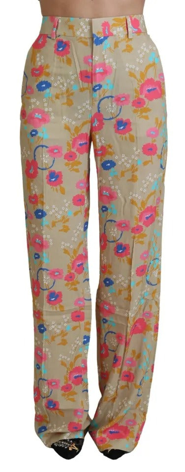 Pantalons droit taille haute beige avec motif floral de Dsquared², style élégant et tendance.