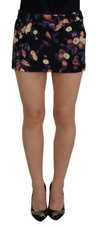 Jupe courte à taille moyenne noire avec broderie florale de Dsquared², coupe évasée en ligne A, tissu léger et élégant.