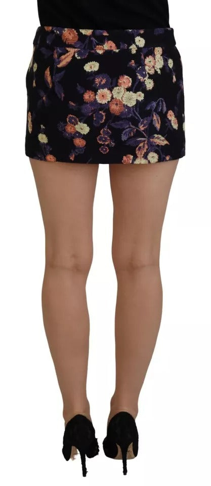 Jupe courte à taille moyenne noire avec broderie florale de Dsquared², style évasé et tendance, vue de face.