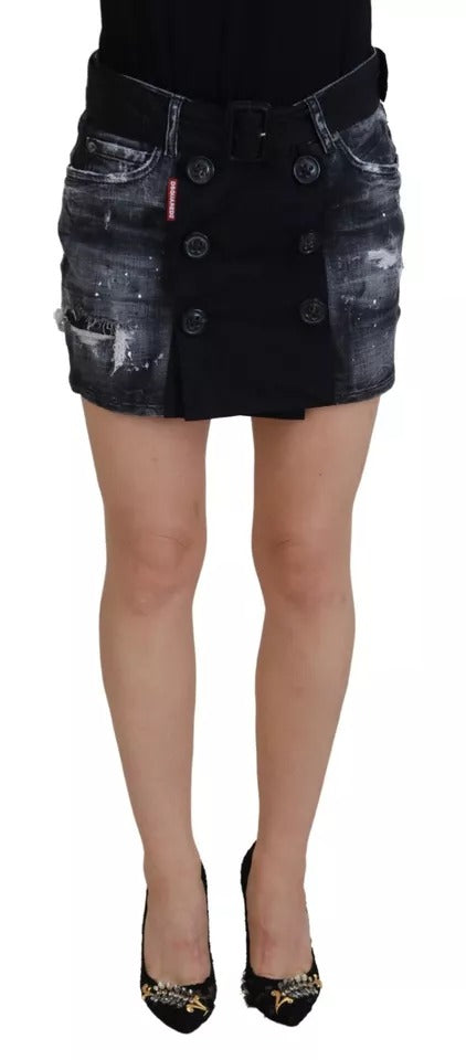 Jupe courte en denim noire pour femme de Dsquared², coupe évasée, taille mi-haute, style déchiré et tendance.