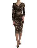 Robe midi Dolce & Gabbana en viscose marron à imprimé léopard, coupe cintrée et décolleté en V.