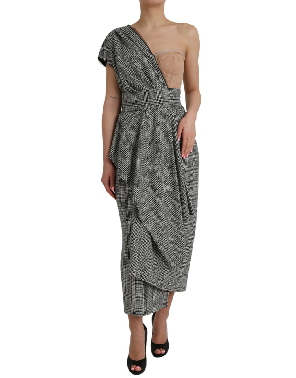 Robe maxi à épaules dénudées Dolce & Gabbana gris beige, robe longue à couches élégante et sophistiquée.