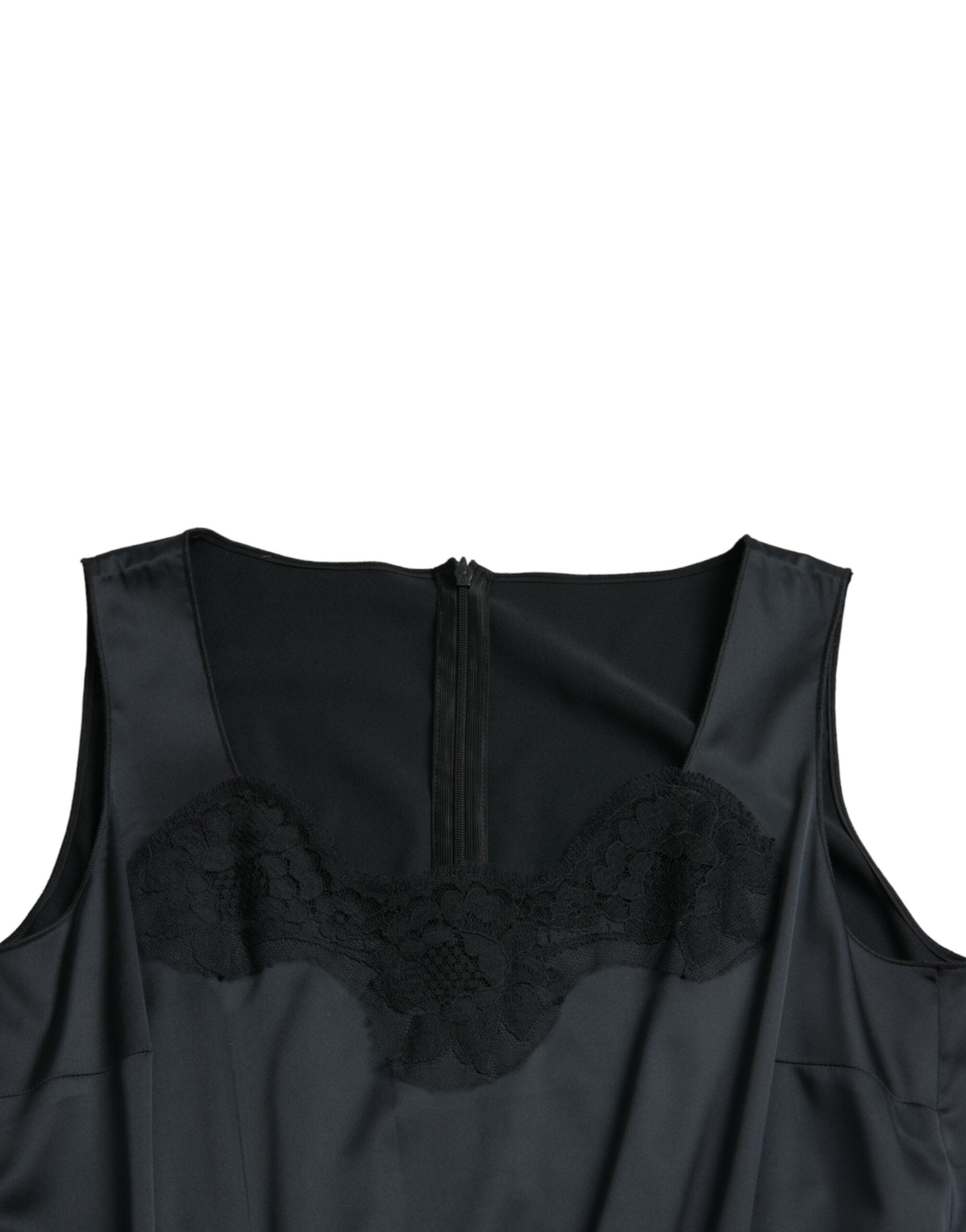Robe midi noire en polyester avec broderie en dentelle de Dolce & Gabbana, coupe ajustée et élégante.
