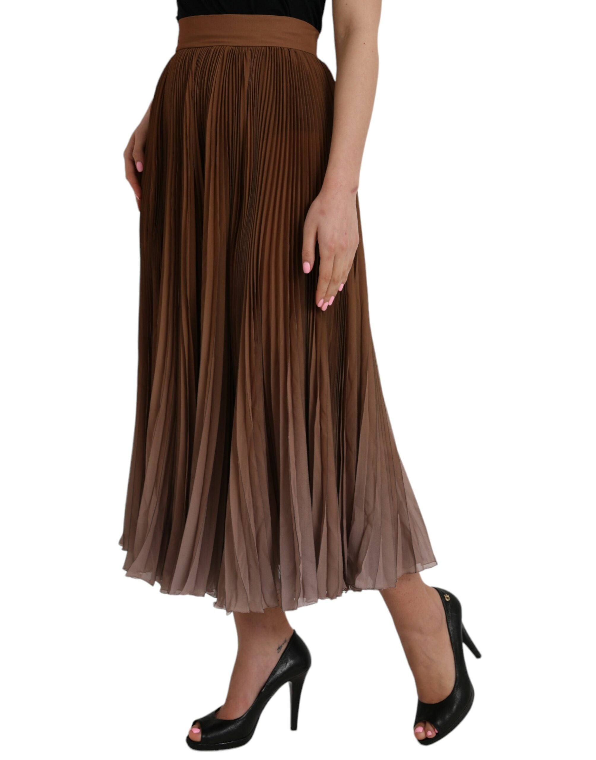 Jupe midi plissée marron en polyester de haute taille de Dolce & Gabbana, visible avec détail de plis et coupe élégante.