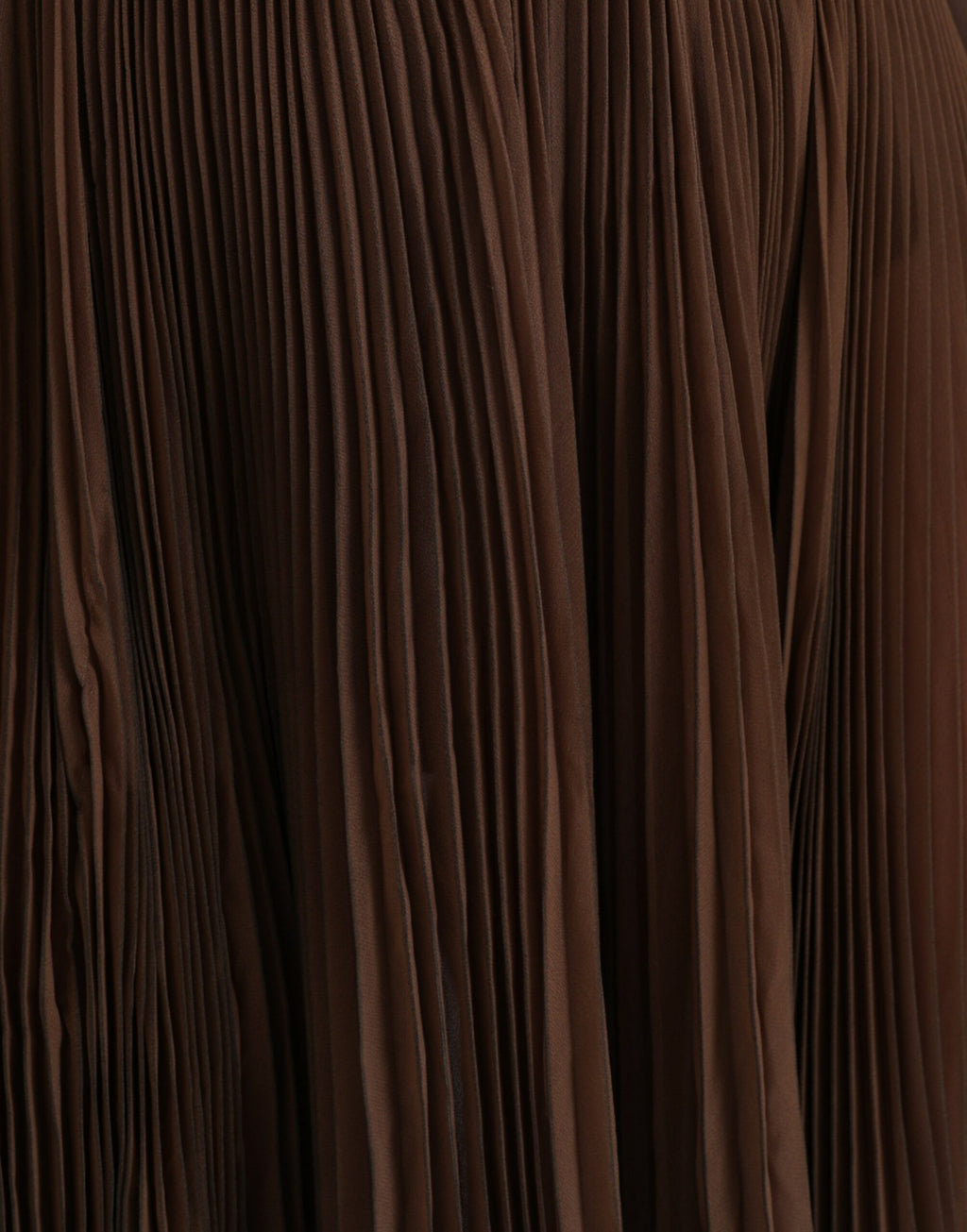 Jupe midi plissée marron en polyester de haute taille de Dolce & Gabbana, vue de face.
