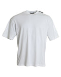 T-shirt en jersey de coton blanc avec col rond, Balenciaga, vue de face avec logo discret.