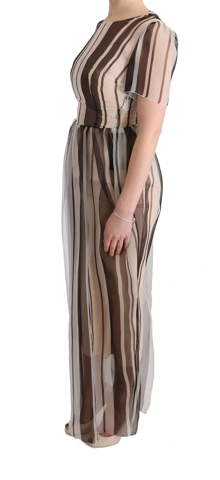 Robe droite en soie beige et marron à rayures de Dolce & Gabbana, élégante et sophistiquée, visible sur l'image.