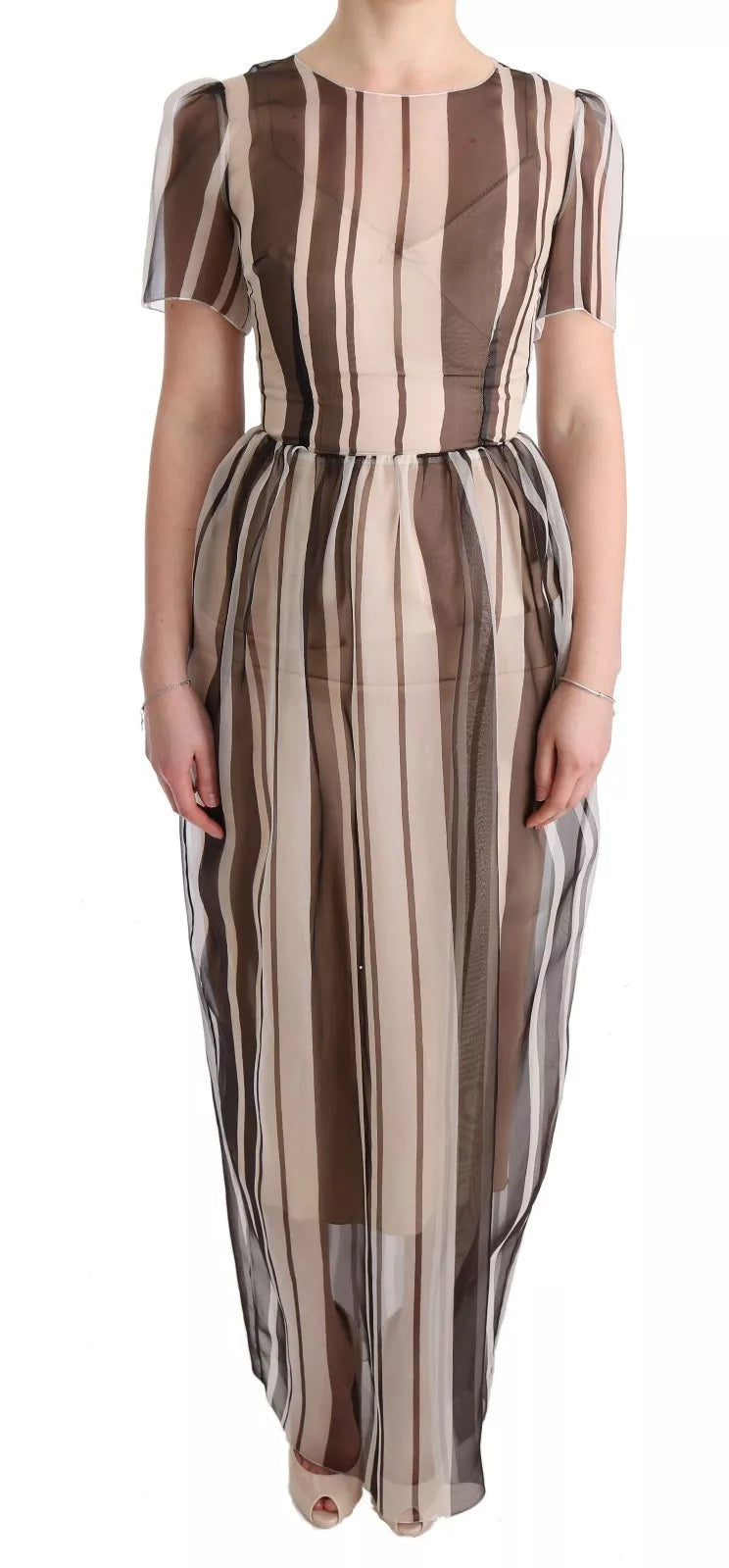 Robe tubo en soie beige et marron à rayures de Dolce & Gabbana, élégante et sophistiquée, visible en détail.