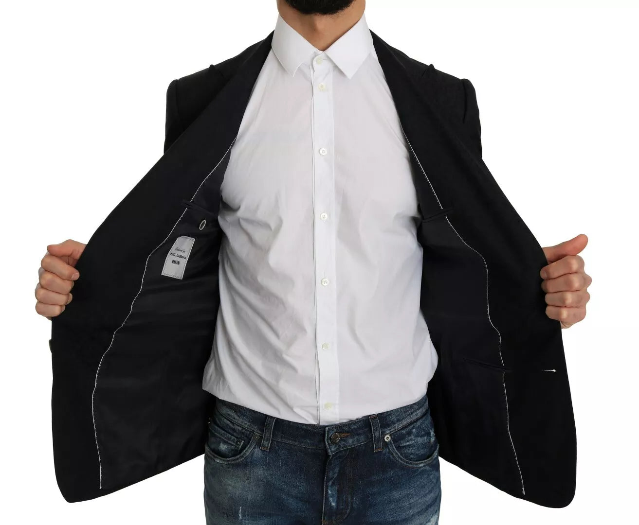 Blazer slim floral en jacquard bleu Dolce & Gabbana, veste élégante en tissu jacquard avec motif floral sophistiqué.