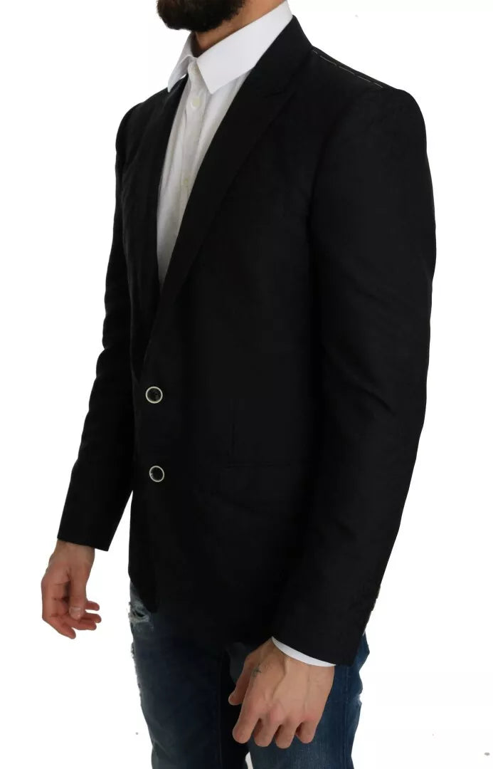 Veste blazer Dolce & Gabbana en jacquard bleu avec motifs floraux élégants, coupe slim pour un style sophistiqué.