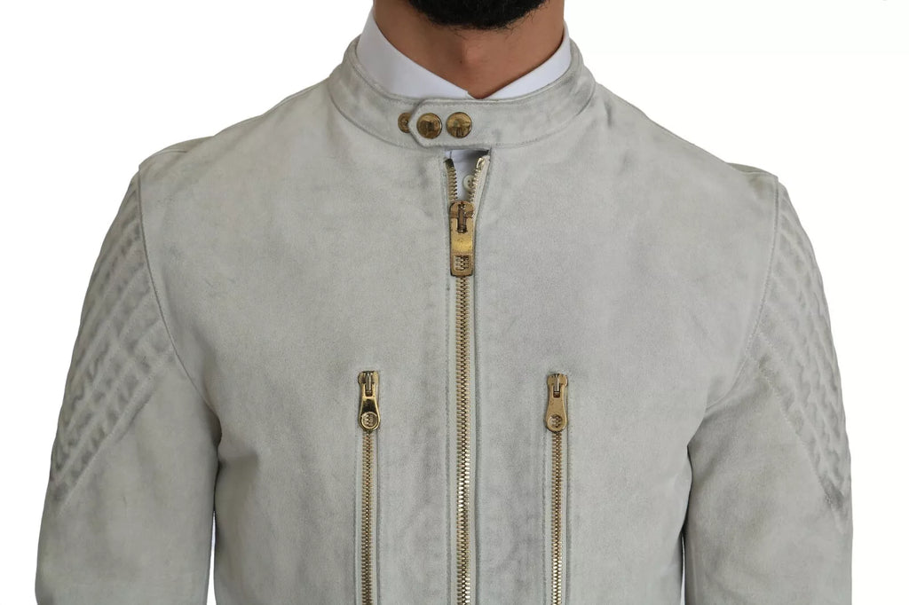 Veste en cuir blanche de moto Dolce & Gabbana, style biker, avec détails en métal et coupe ajustée.