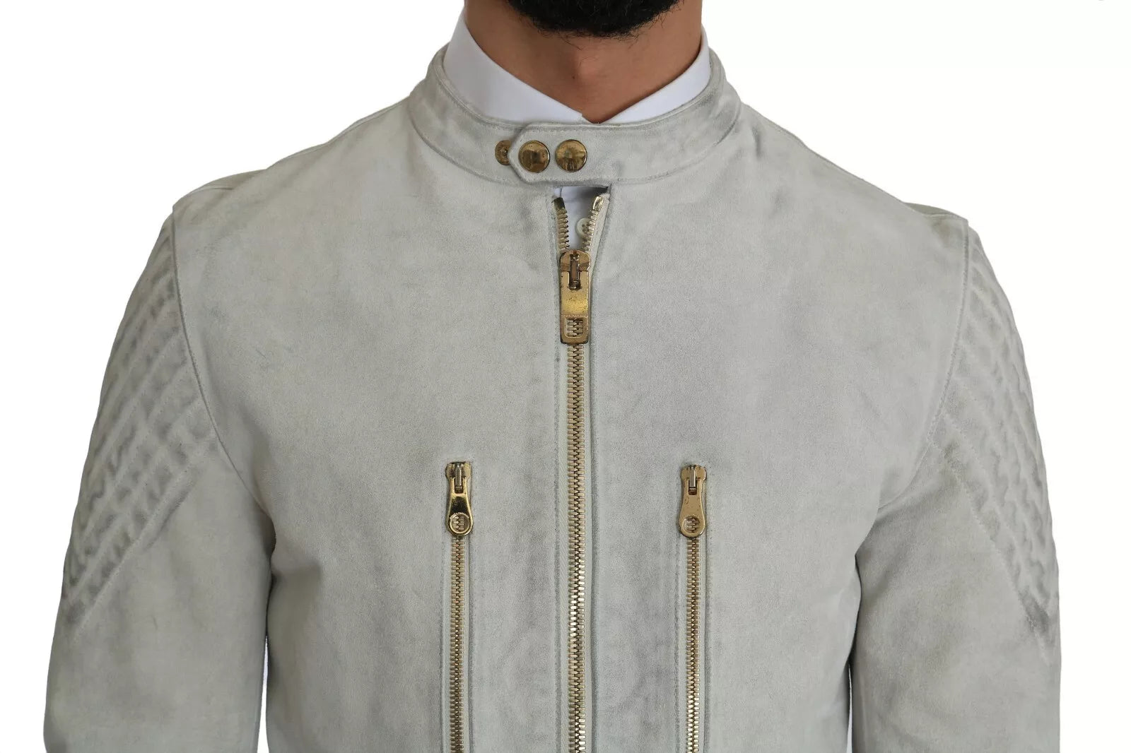 Veste en cuir blanche de moto Dolce & Gabbana, style biker, avec détails en métal et coupe ajustée.