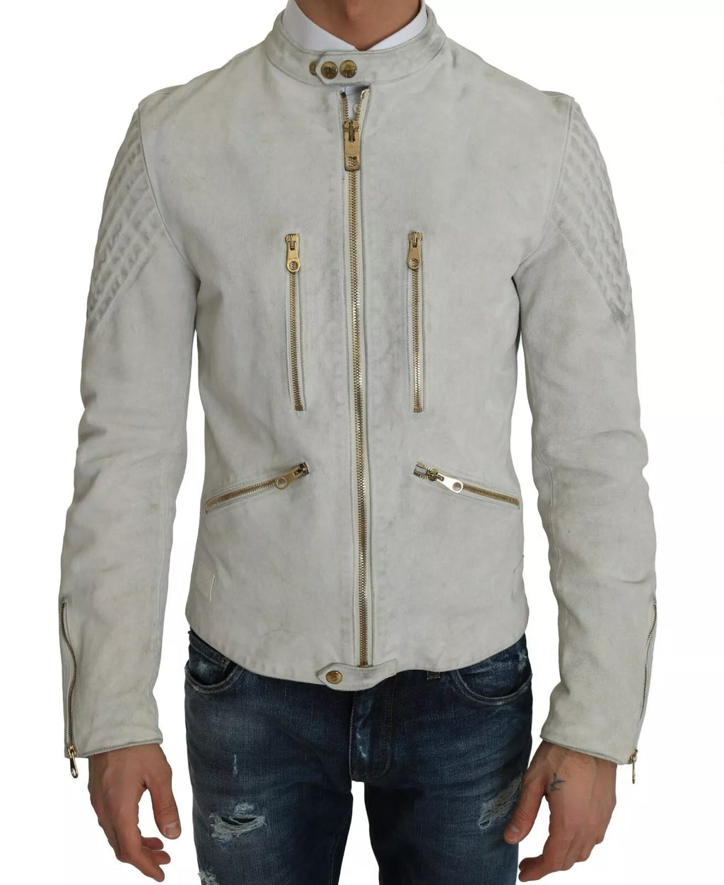 Veste en cuir blanc pour biker de Dolce & Gabbana, style motard avec détails en cuir et coupe ajustée.