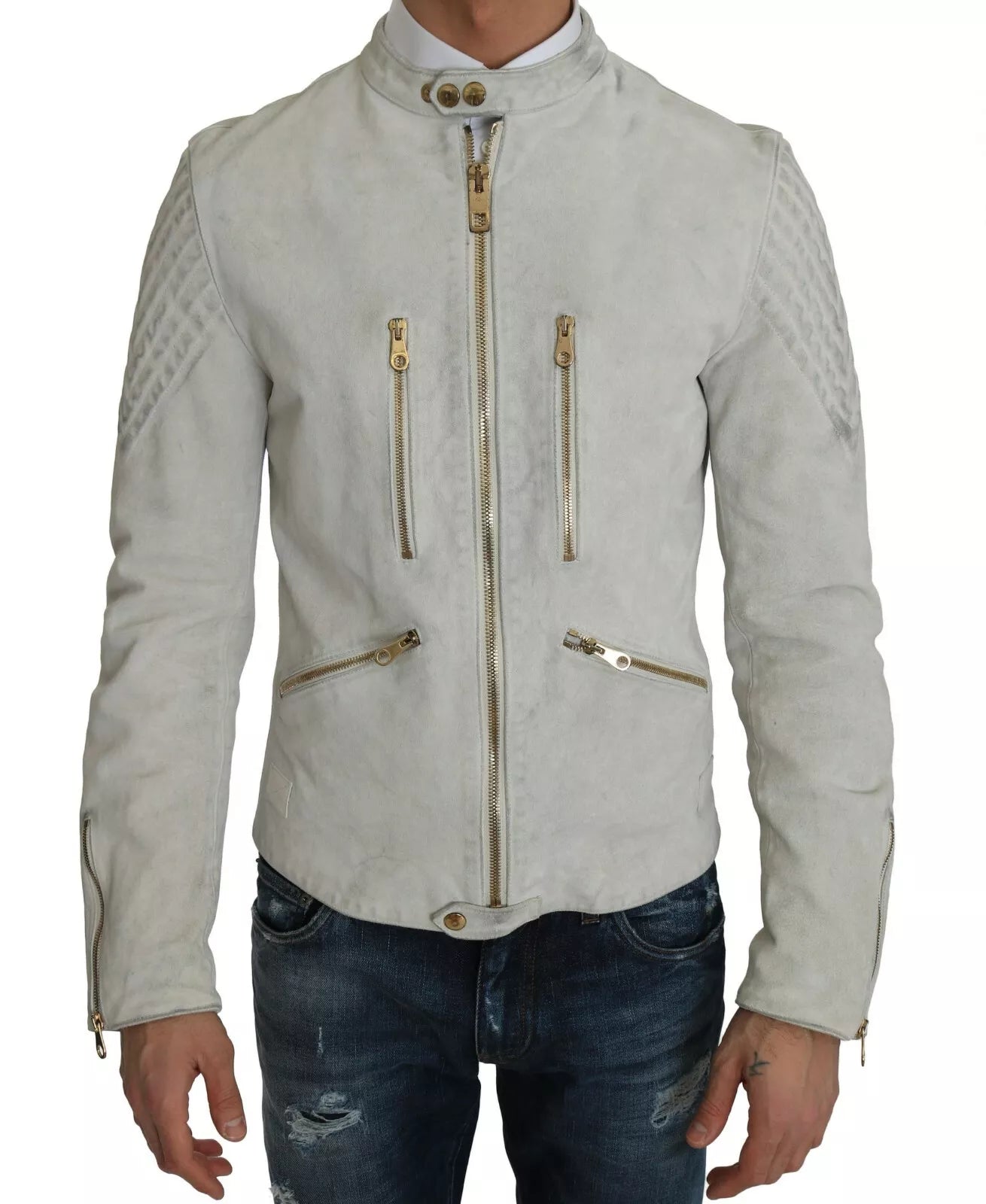 Veste en cuir blanc pour biker de Dolce & Gabbana, style motard avec détails en cuir et coupe ajustée.