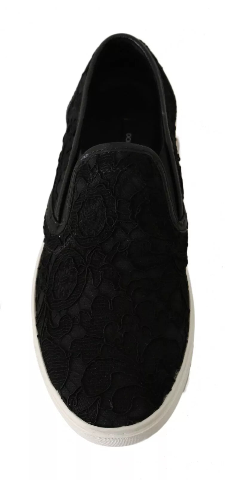 Chaussures plates Dolce & Gabbana en cuir noir avec logo en dentelle et slip-on, style élégant et moderne.